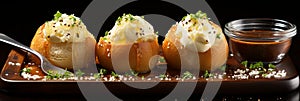 Delicious buttered buns with sliced bread and fresh parsley. Banner with copy space for text.