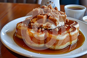 Delicious Butterscotch Pancakes with Whipped Cream and Caramel Sauce on Wooden Table Background