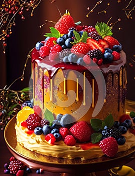 A delicious cake decorated with fresh berries and glazed with syrup