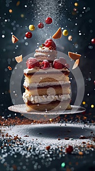 delicious cake floating in the air, professional food photography, studio background, advertising photography, cooking ideas