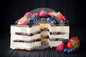 Delicious cake with fruit and berries on wooden table