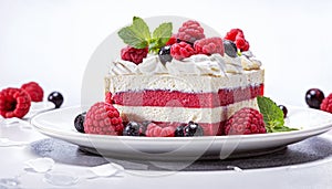 delicious cake with layers of red velvet sponge cake, cream cheese frosting, and fresh raspberries and blackberries