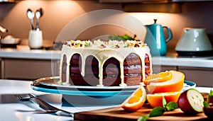 Delicious cake in a modern kitchen, joyful atmosphere, festive atmosphere and Happy Birthday, original cake recipes,