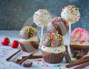 delicious cake pops decorated with frosting chocolate and sprinkles