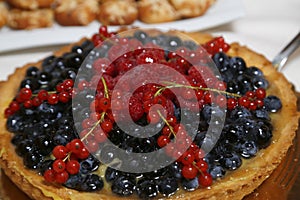 Delicious cake with wild berries  top view. Berry pie close up. Chic dessert
