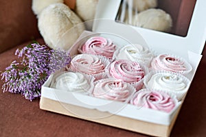 Delicious cakes or meringues or marshmallows in gift box close-up