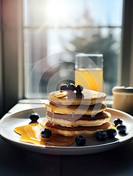 Delicious caloric breakfast of pancakes with honey and blueberries. A stack of fluffy pancakes on white plate near the window.