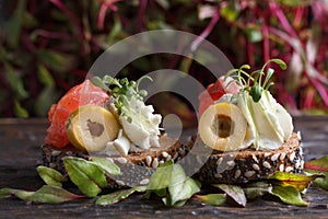 Delicious canape with salmon, cottage cheese, olive with micro greens on a dark background. Cold appetizer.