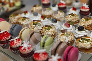 Delicious canapes at the buffet table. Catering for events and celebrations. Close-up.