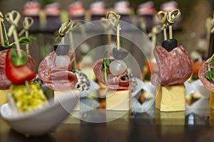 Delicious canapes at the buffet table. Catering for events and celebrations. Close-up