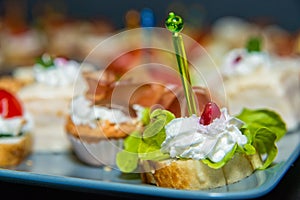 Delicious canapes for party on plate