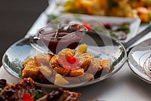 Delicious Canapes snacks with cheese on the buffet table