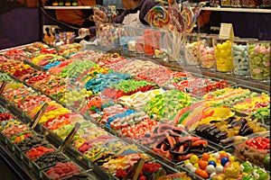 Delicious Candies with different colors at Market in Barcelona, Spain.