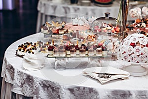 Delicious candy bar at luxury wedding reception. exclusive expe