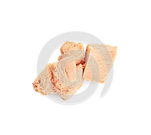 Delicious canned tuna chunks isolated on white