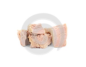 Delicious canned tuna chunks isolated on white