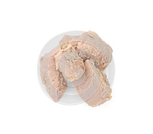 Delicious canned tuna chunks isolated on white, top view