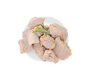 Delicious canned tuna chunks with rosemary isolated on white, top view