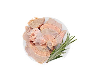 Delicious canned tuna chunks with rosemary isolated on white, top view