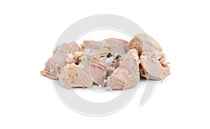 Delicious canned tuna chunks with salt and peppercorns on white background