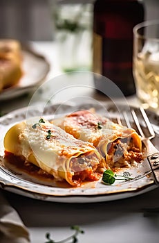 Delicious cannelloni pasta served on white plate