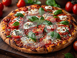 delicious caprese pizza with tomato sauce, mozzarella and basil on wooden table with tomatoes and spices