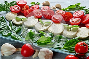 Delicious caprese salad on the gray plate with organic ingredients: sliced mozzarella cheese, cherry tomatoes, fresh basil leaves