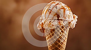 Delicious caramel drizzled ice cream cone on a warm day