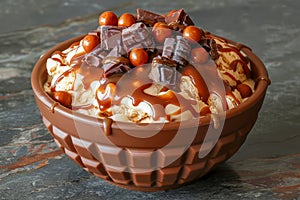 Delicious Caramel Drizzled Ice Cream Sundae with Chocolate Pieces in a Decorative Bowl on a Textured Surface