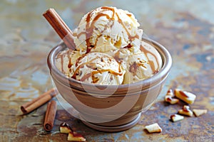 Delicious Caramel Drizzled Vanilla Ice Cream with Cinnamon Sticks in a Ceramic Bowl on Rustic Table