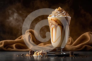 Delicious caramel frappuccino with caramel sauce and cream on top