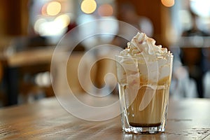 Delicious caramel macchiato with whipped cream on a cafe table photo