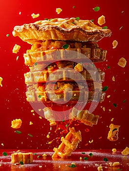 Delicious Caramel Syrup Pouring on Stacked Waffles with Flying Toppings Against a Red Background