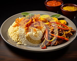 Delicious Caribbean-style rice and beans dish with plantains