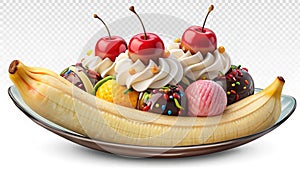 Delicious Cartoon Banana Split Sundae Clipart Illustration Isolated Transparent Background for Design Projects Websites photo
