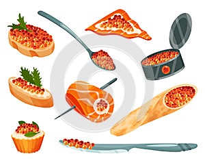 Delicious caviare snack and canape, pancakes, roll and sandwich with canned caviar. Seafood product of red fish and