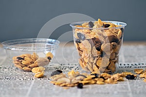 Delicious cereal caramel cornflakes warm tone background. A Breakfast cereal made by flakes of corn.