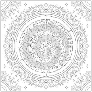 Delicious cheese pizza with circle mandala border in harmony and synergy. Learning and education coloring page