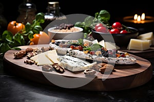 Delicious cheese platter on wooden board, warm tones, perfect for food connoisseurs and restaurants