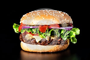 Delicious cheeseburger with beef cutlet, lettuce, tomato slices, red onion and sesame seed bun.