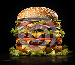 Delicious Cheeseburger on Black Background