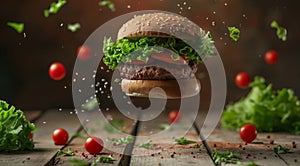 A delicious cheeseburger captured in mid-air with flying ingredients around, against a rustic wooden backdrop
