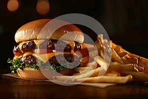 Delicious cheeseburger and french fries