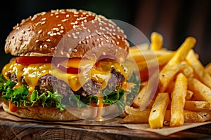 Delicious cheeseburger with french fries