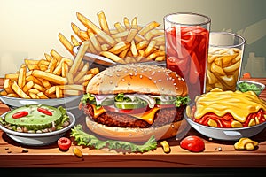 Delicious cheeseburger with fresh veggies, crispy fries, lemonade in cartoon style