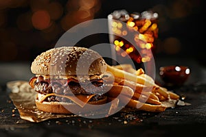 Delicious cheeseburger with fries and a drink in a casual dining setting