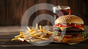 Delicious cheeseburger with fries and soda on rustic table. Perfect for ads and menus. Ideal for illustrating fast food photo
