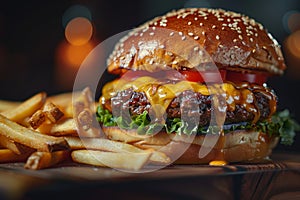 Delicious cheeseburger with fries on a wooden table