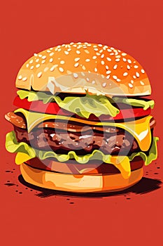 Delicious Cheeseburger: Juicy Beef, Tasty Cheese, Fresh Lettuce, and Grilled Tomato on a Sesame Bun. Classic American