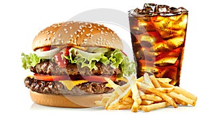 Delicious cheeseburger meal with fries and soda on white backdrop. Ideal fast food banner image, perfect for restaurant